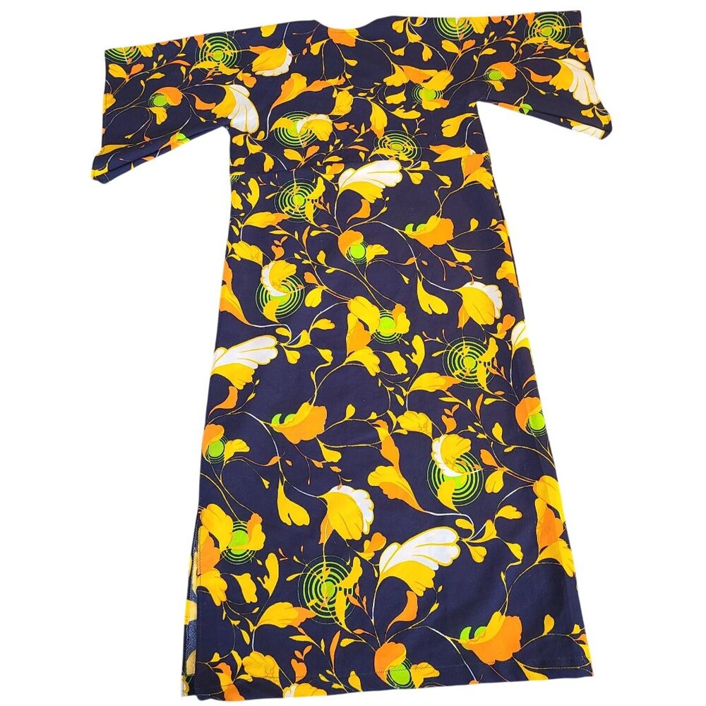 Vintage Floral Long Kaftan Dress Handmade Navy Yellow Green Abstract Print - Picture 2 of 16